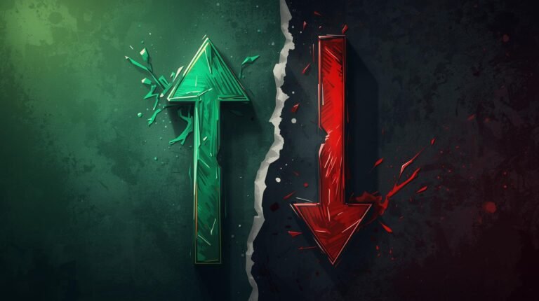 Split illustration on the left side a green upward arrow symbolizing investor confidence before election schedule, on the right side a red downward arrow symbolizing fear and uncertainty after.